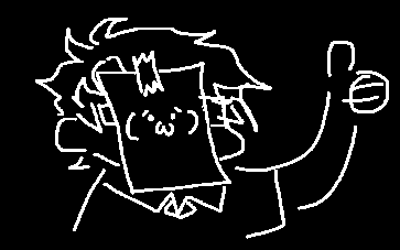 white lineart doodle of a person giving a thumbs up. there is a piece of paper with a denko face on it taped over their face